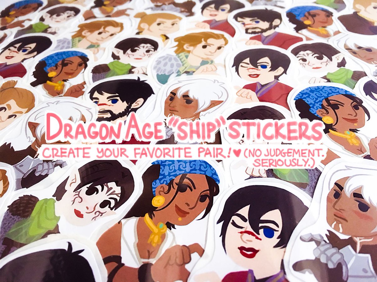 zhellyzee's tweet photo. Dragon Age II ship stickers now for sale~! Gather your OTP & venture forth! ๐ https://t.co/CVOdl2JINA #fenhawke #handers #merribela #fenders https://t.co/aXZ58x2vdy