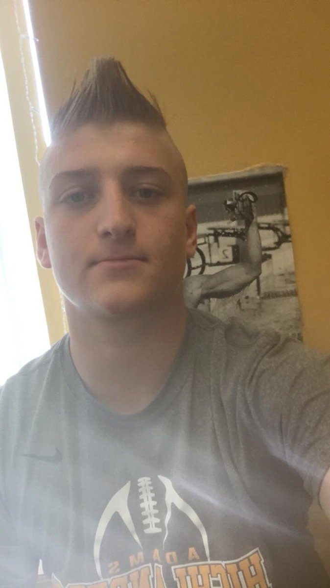 BobLineberger's tweet photo. It's playoff time! Must be Mohawk season! 
@_G_Money_54 
@R_AdamsFootball 
#HighlanderPride
#GoAdams! https://t.co/YLPLyCCzAr
