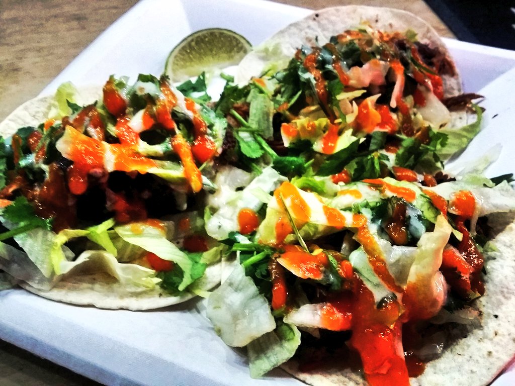 HawkerYard's tweet photo. Special order from @littleurbanbbq... 

Tacos of brisket burnt ends, St Louis style ribs, pulled jackfruit.

That mango-chilli sauce! 👌 https://t.co/A6YCwAxnCy