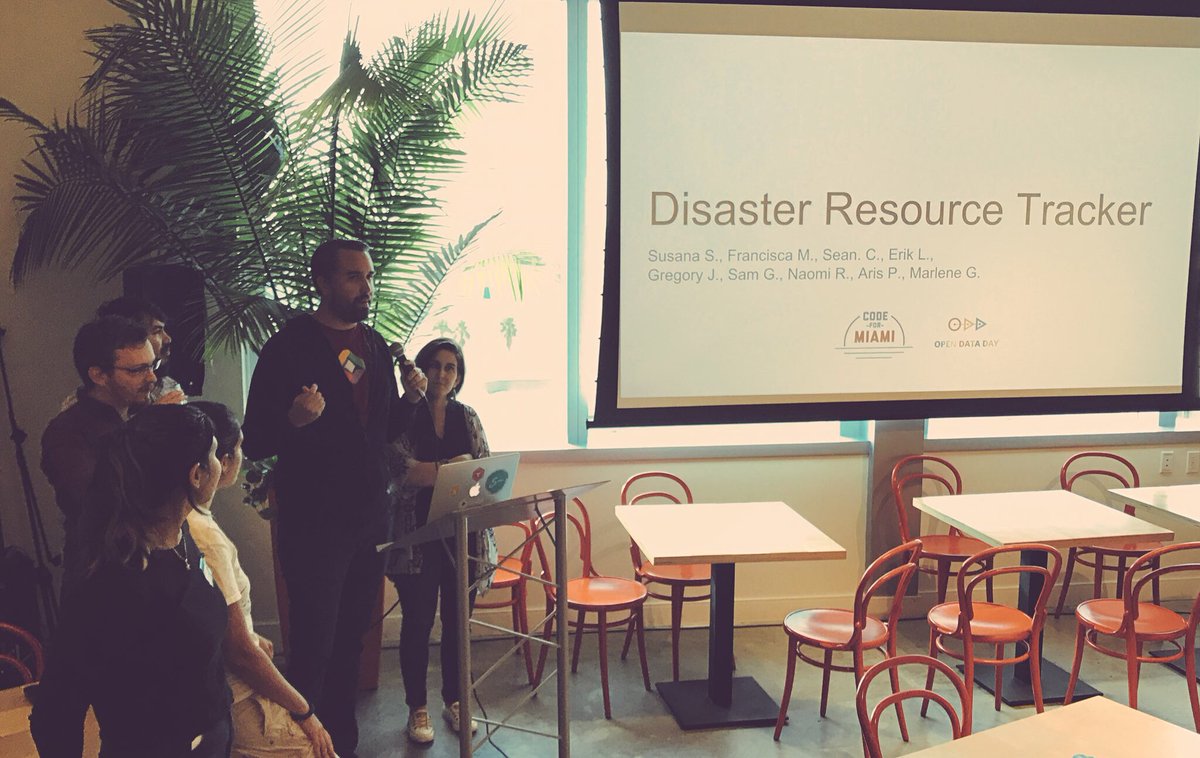Sarasti's tweet photo. "Data models matter." - Sam, Susana, @FranciscaMDO and others presenting their distaster preparedness findings. #HackforChange @CodeForMiami https://t.co/euuKYeSRBN