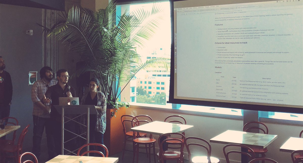 Sarasti's tweet photo. "Data models matter." - Sam, Susana, @FranciscaMDO and others presenting their distaster preparedness findings. #HackforChange @CodeForMiami https://t.co/euuKYeSRBN