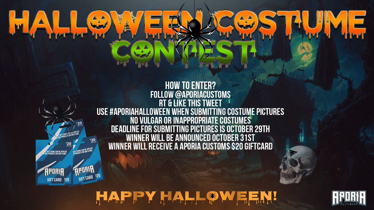 AporiaCustoms's tweet photo. Introducing the Aporia Customs Halloween Costume Contest! 
Winner will receive a Aporia Customs $20 giftcard! #AporiaHalloween https://t.co/SsMU34pDXc