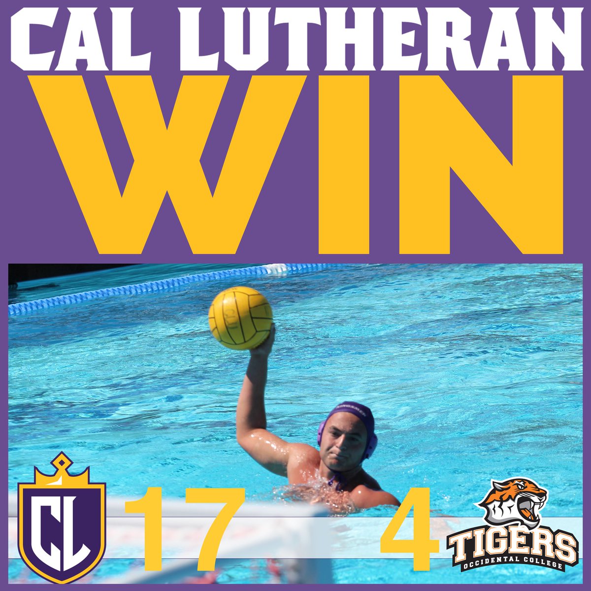 CLUSports's tweet photo. That's a great way to start a Saturday. Nine players scored as @CLUmWaterPolo def. Oxy 17-4! Recap:  https://t.co/dUowJUZYSH #gokingsmen https://t.co/Hp23wRvEeu