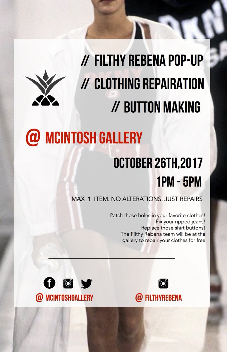 FilthyRebena's tweet photo. #ldnont We will repair your clothes for FREE at the McIntosh Gallery on Oct. 26th! For more info please visit:
https://t.co/L2bPnDX6sK https://t.co/QYH4rCORge