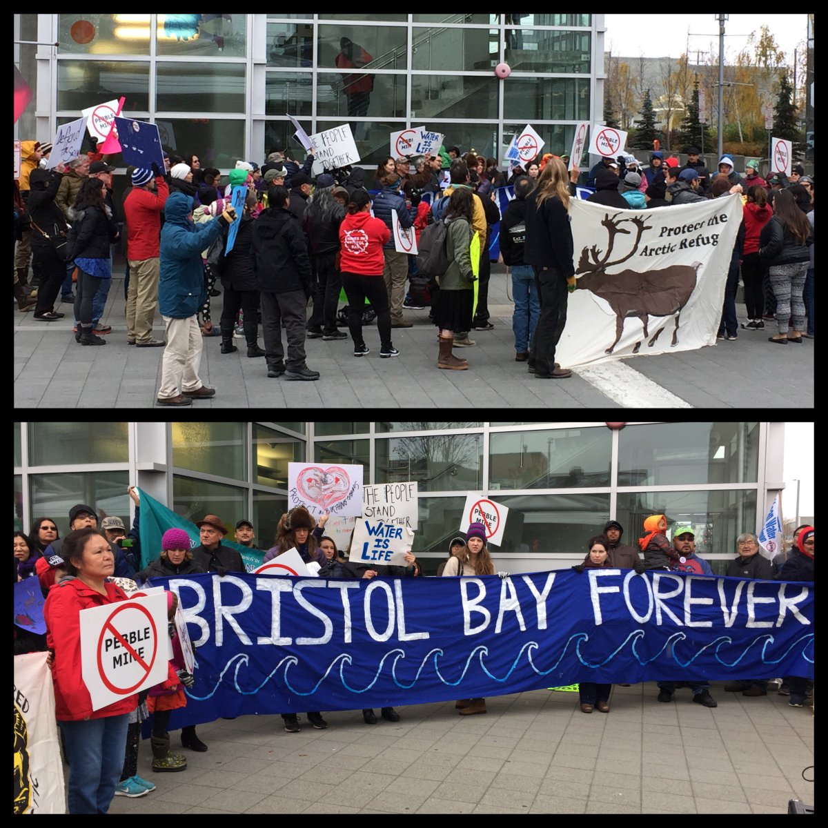 KNBA's tweet photo. Protest against drilling in the #ArcticNationalWildlifeRefuge and developing the #PebbleMine in #BristolBay outside #AFN2017 right now. https://t.co/OF3T1xhsim