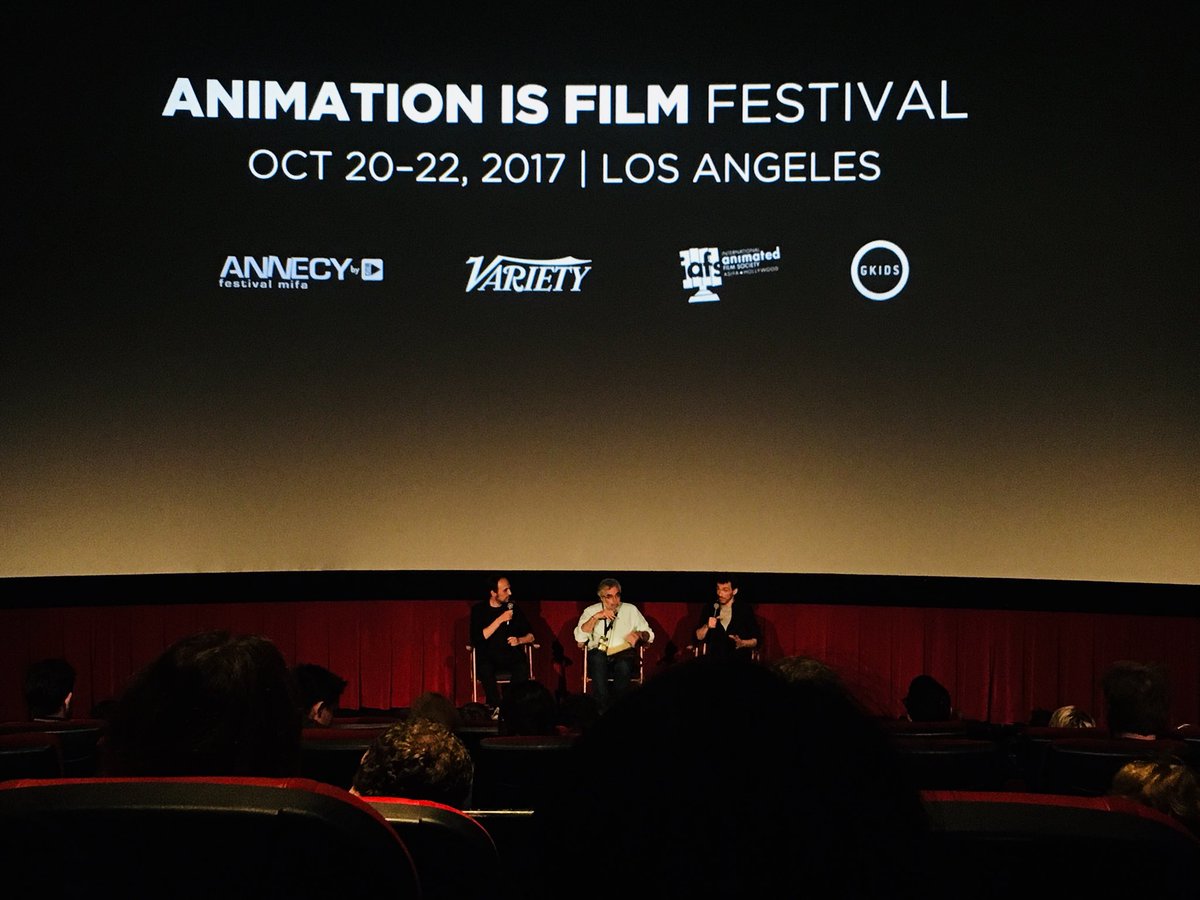 Lulamaybelle's tweet photo. #thebigbadfoxandothertales directors #PatrickImbert (right) &amp; #BenjaminRenner (left). Moderator #CharlesSolomon in middle. @animationisfilm https://t.co/OKaNRWPw37