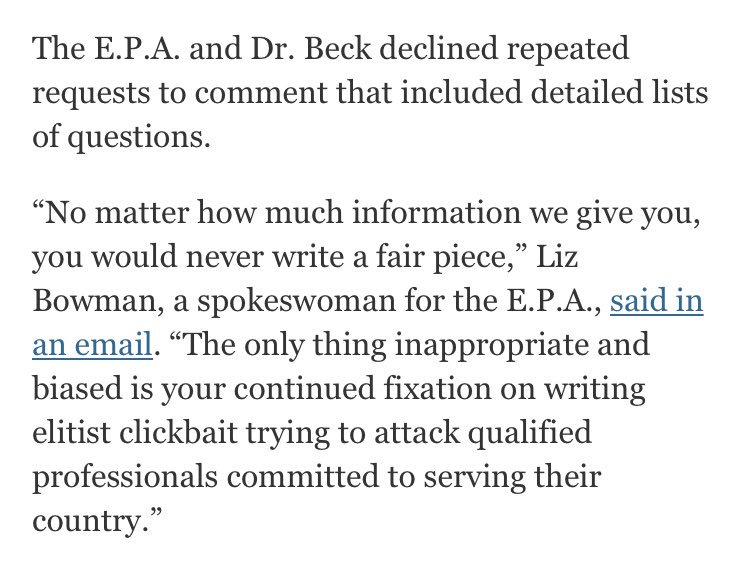 kylegriffin1's tweet photo. Wow. Read the way an EPA spokesperson responded to a request for comment from the Times. https://t.co/uiMQdJkiSy https://t.co/ZfBVR63q2A
