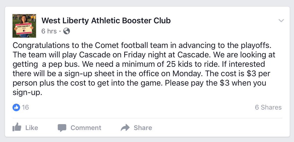 WestLibAthletic's tweet photo. Spread the word: pep bus for Friday's FB playoff game @ Camanche! Let's get a big student section to support our Comets! 💙🏈
@thelibstudents https://t.co/ZmvIkDITHc