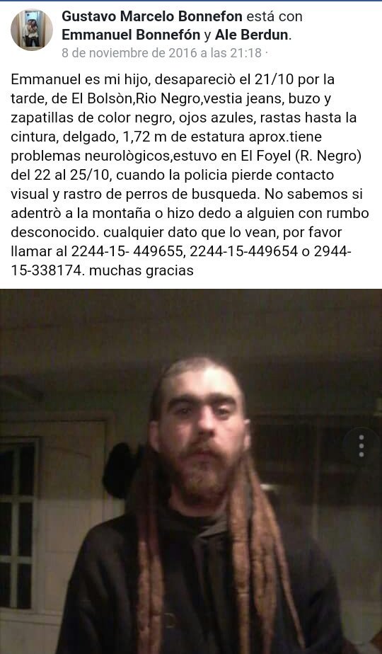 TiaraFinochieto's tweet photo. Hoy se cumple un año desde que la familia de Emmanuel Bonnefón no sabe nada de él.

Ayudemos con la difusión, en la foto hay más info. https://t.co/iSqfBmHn8U