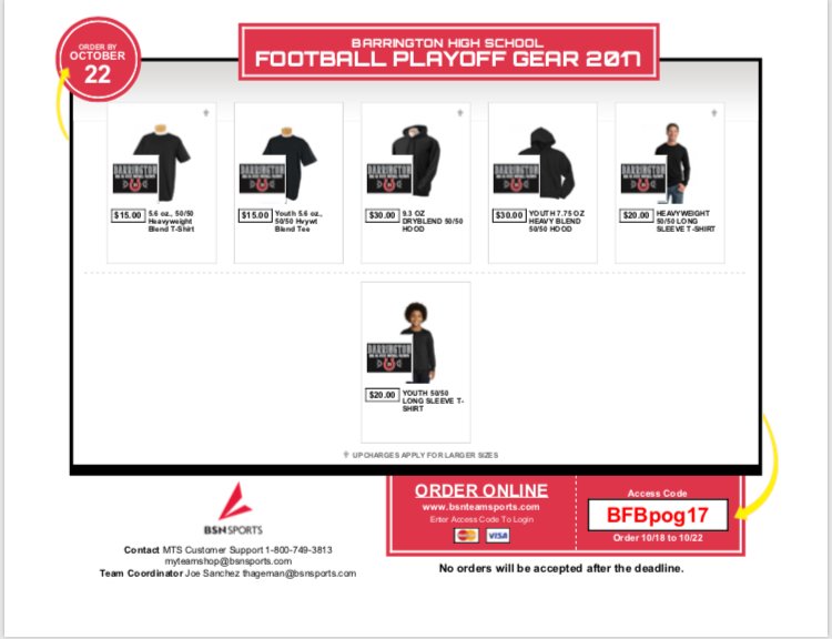BHS220Football's tweet photo. BRONCO NATION: Order your Barrington playoff gear now! See form below for info. Sale ends Sunday at midnight! https://t.co/jHmMqMbkJ9