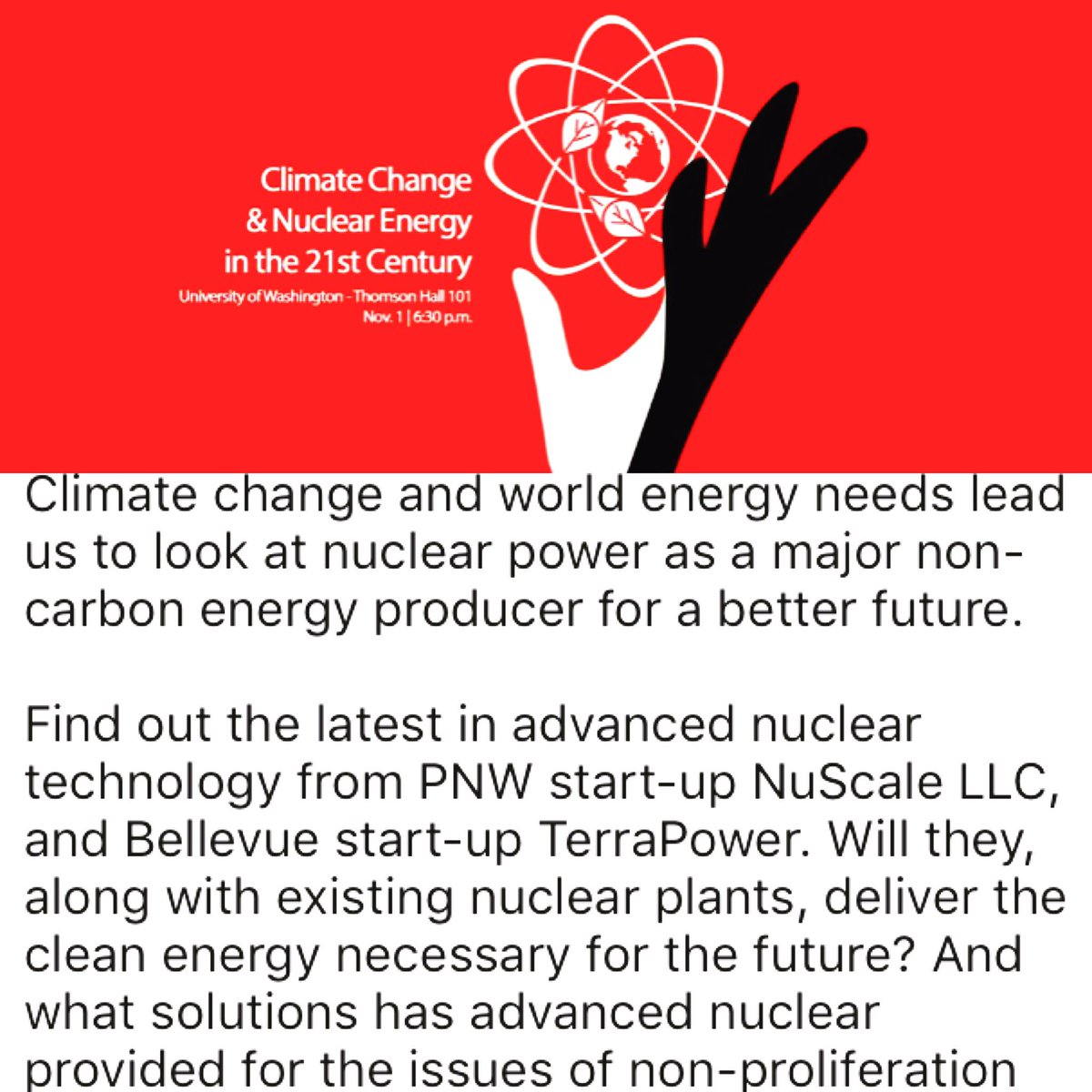 Via <a href="/EnergyNorthwest/">Energy Northwest</a> Wedn 11/1 6:30: Climate Change &amp; Nuclear Energy; 21st Century w <a href="/NuScale_Power/">NuScale Power</a> <a href="/TerraPower/">TerraPower</a> #cleantech #nuclearpower