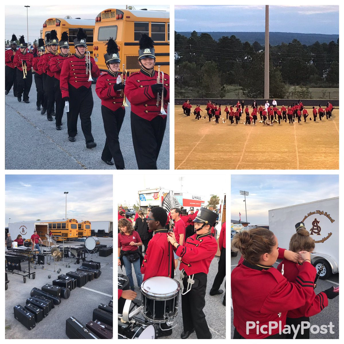 A_H_Hendrix's tweet photo. @SouthAiken Marching Thoroughbreds getting ready to rock the #SCBDA 4A Lower State competition. Go T-Breds! #MarchingBand https://t.co/vEjr2Jnbhl