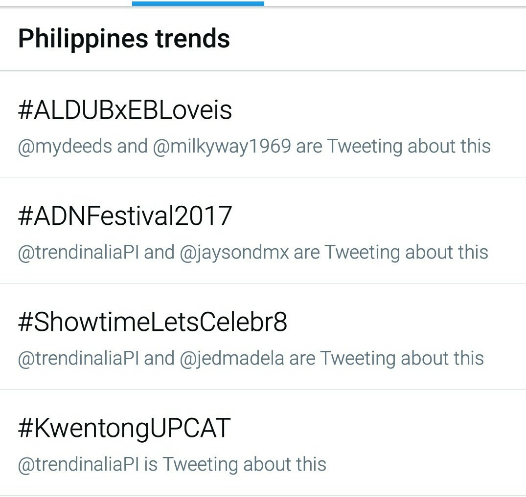 CindyHarvard's tweet photo. Still trending back to back and on Top Spot and 2nd spot.
#ALDUBxEBLoveis 
#ADNFestival2017 https://t.co/Z1JhpvjXne