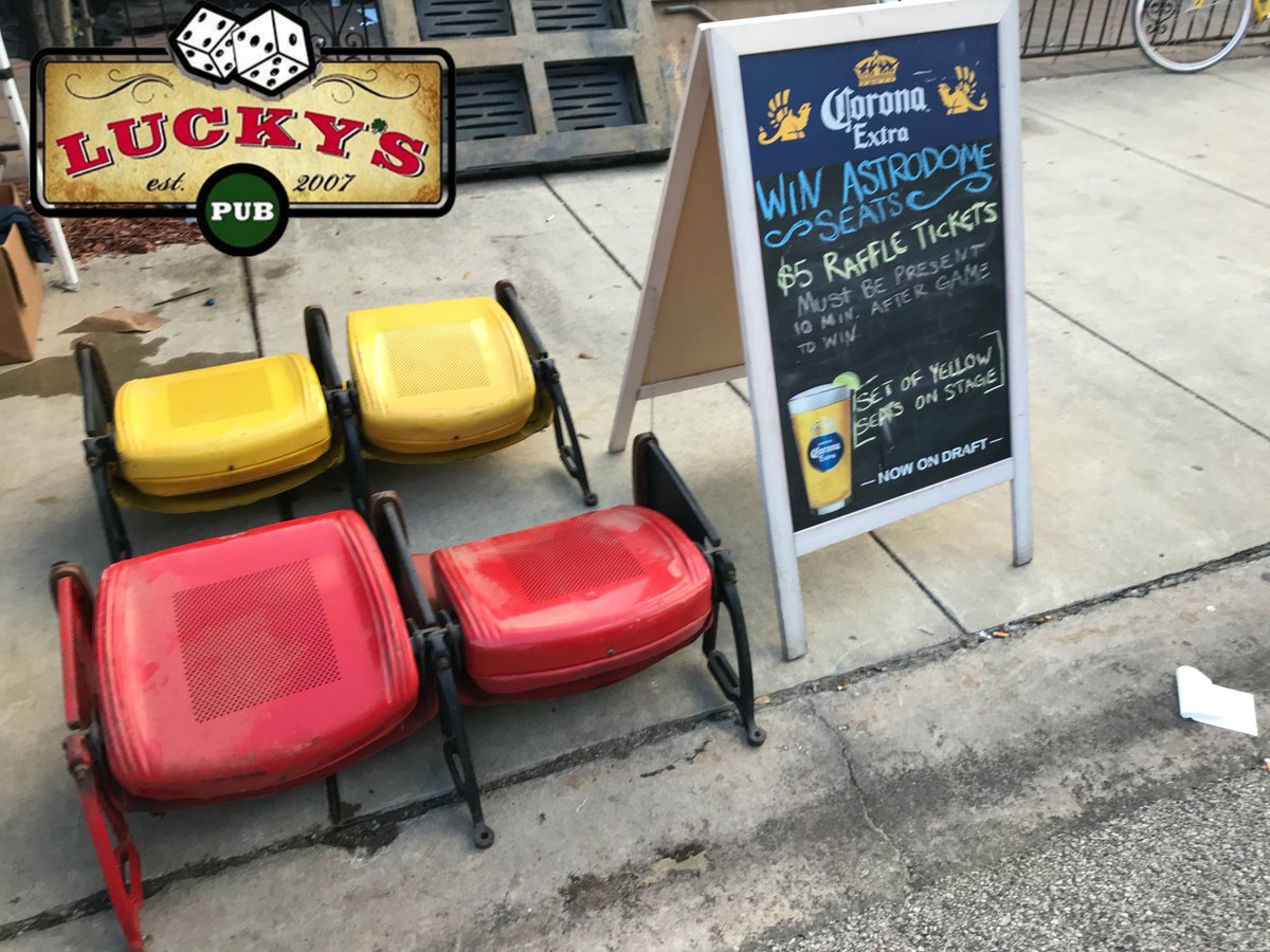 LuckysLodge's tweet photo. Astrodome Stadium seats raffle tonight at @LuckysPub! $5 a tix and must be present to win! Winner announced after the game! #LuckysPub https://t.co/Kc5vF87DeI
