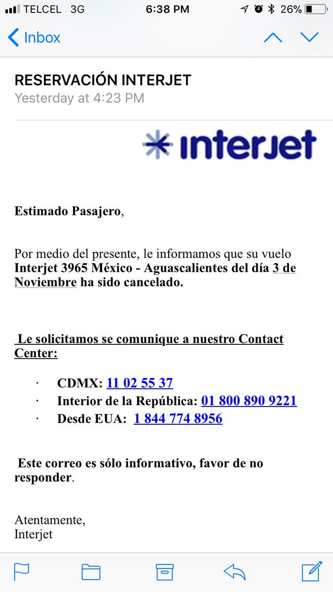 MarkoMacin's tweet photo. @interjet_mx @Profeco me mandan el siguiente correo para “informarme” que cancelaron mi vuelo, me mandan a otra ciudad y no reembolsan! https://t.co/R220HOblVw