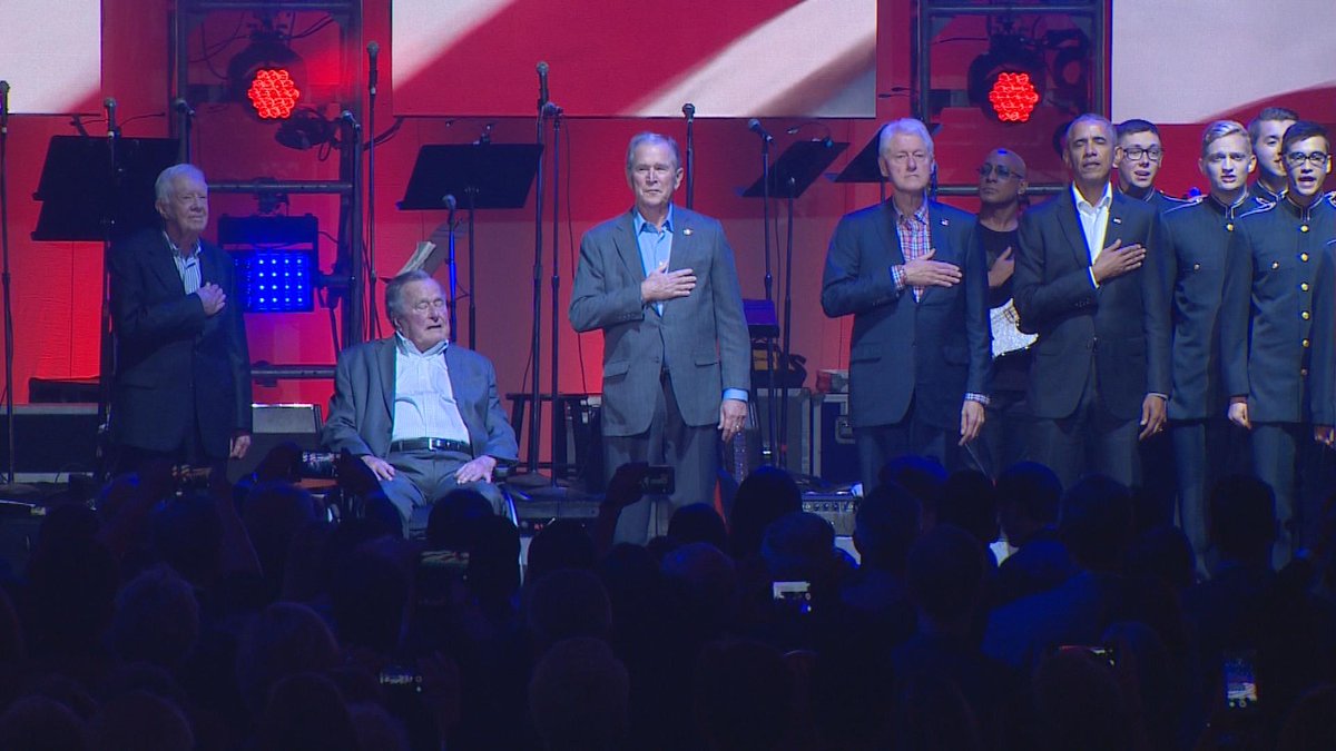 MikeBotsford's tweet photo. 5 US presidents taking stage at #OneAmericaAppeal hurricane benefit concert at #TAMU @wfaachannel8 @KevinReeceWFAA https://t.co/CRIqPWlgnm
