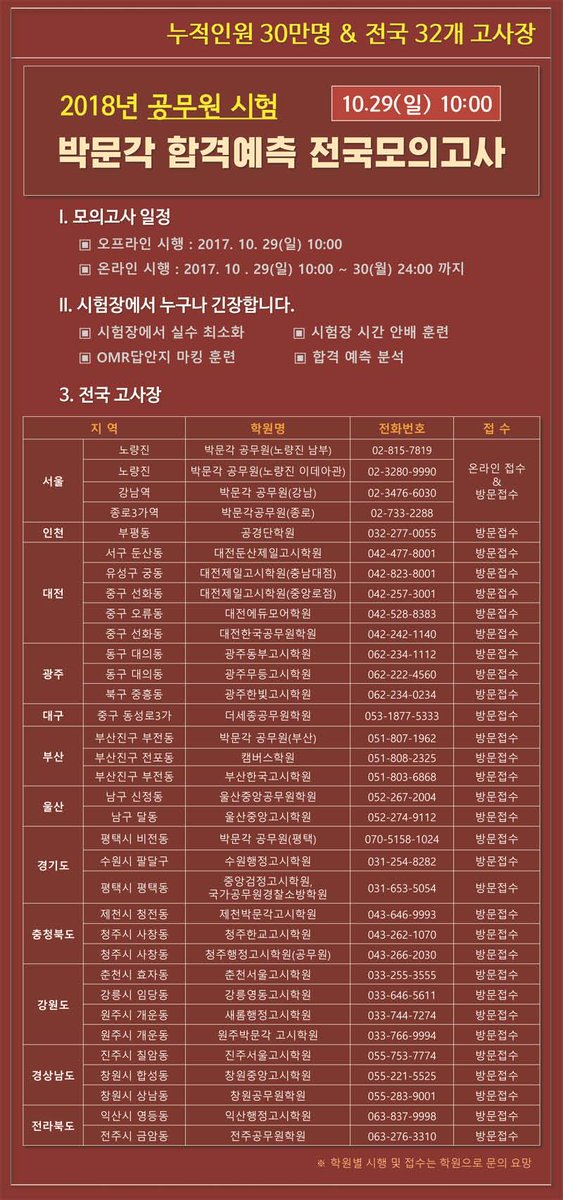 [박문각 합격예측 전국 모의고사 고사장 안내]

공무원 합격은 박문각이 답이다!