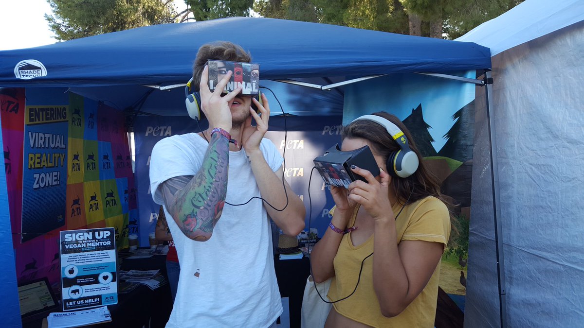 peta's tweet photo. @thelittleidiot Come check out our #VR booth at @OneLoveFestNow and get your picture with #NotANugget! https://t.co/4Joesqr6dG