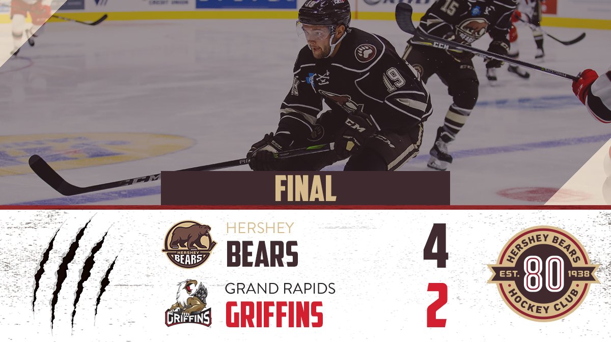 TheHersheyBears's tweet photo. We have one question... HOW SWEET IS THAT?! The Hershey Bears win their first game of the season with a 4-2 victory over the Griffins! #HBH https://t.co/Ola69SxcIE