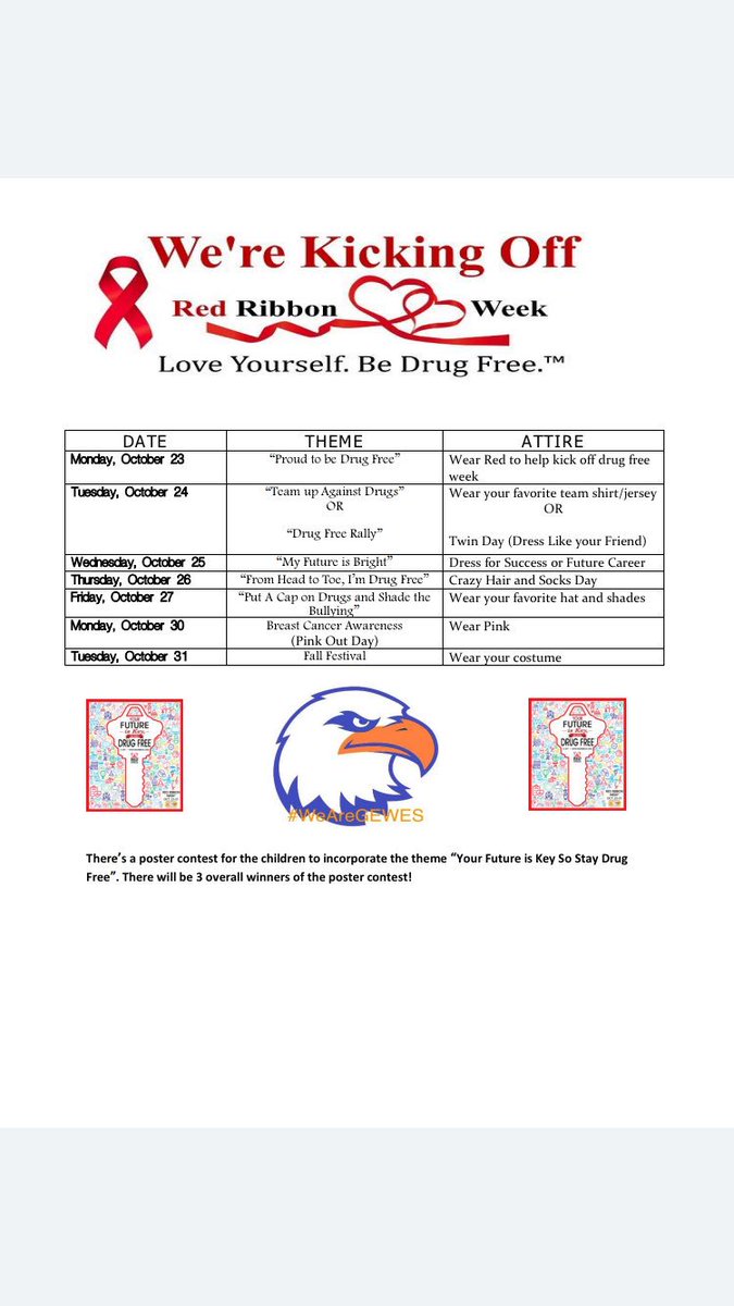 WeAreGEWES's tweet photo. 🚨🚨RED RIBBON WEEK AGENDA🚨🚨 #WEAREGEWES #redribbonweek #DrugFree https://t.co/RedDGt2ULq