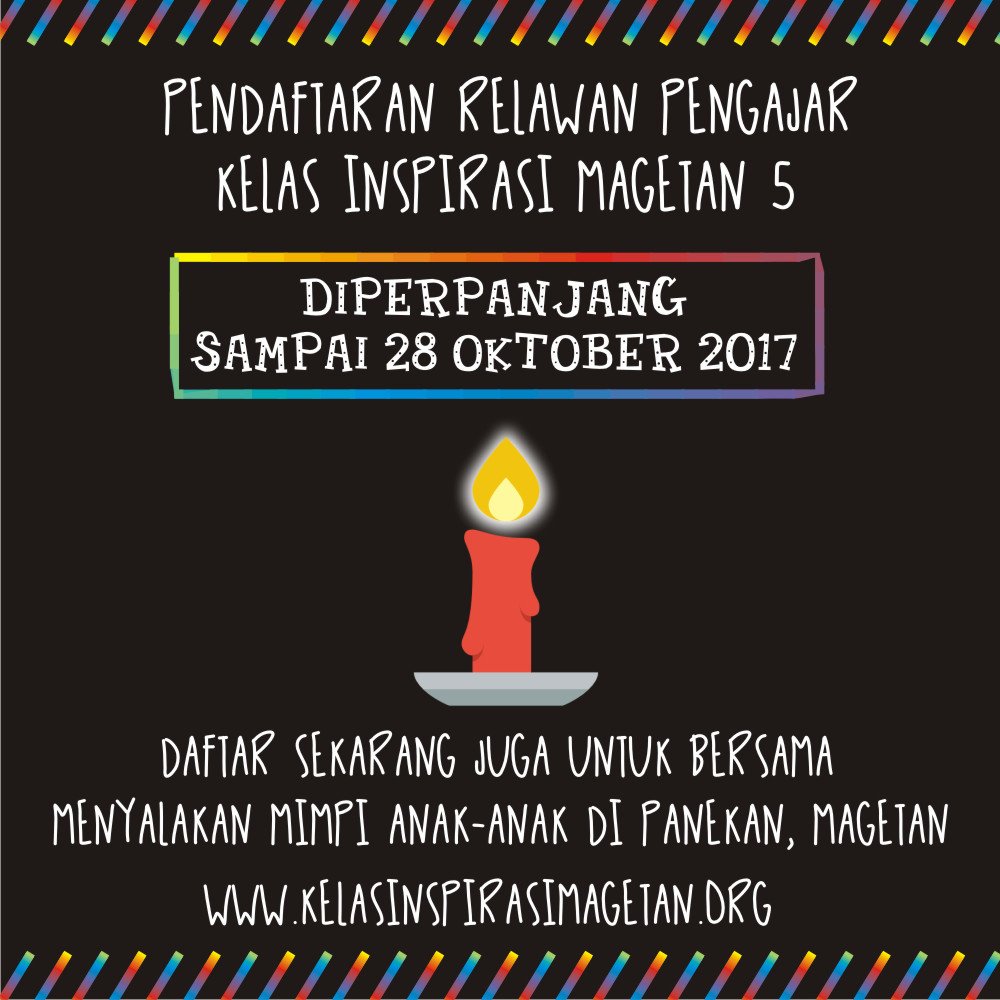 Pndaftaran relawan pengajar <a href="/KI_Magetan/">Kelas Inspirasi Magetan</a> 5 DIPERPANJANG.Daftar s.id/relawanpengaja… <a href="/Arief_Rahman98/">Arief Rahman</a> <a href="/kotamagetan_/">#AkuCahMagetan</a>