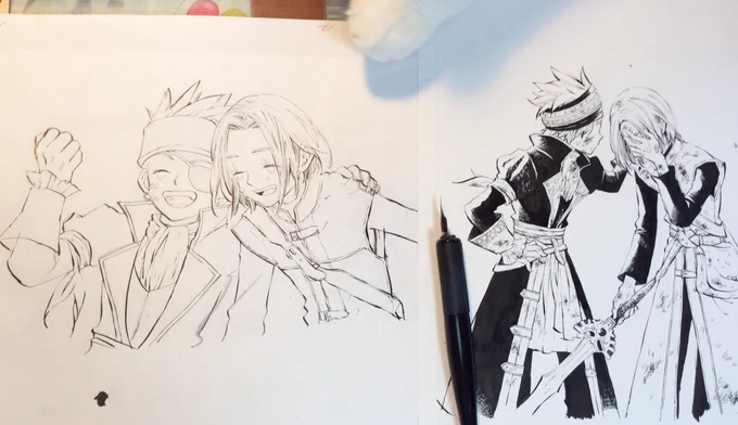 昨日の絵の前に描いてて途中でやめたやつ（左）嬉し泣きではあるけど最後はもっと色んな感情が出そうで描きたいやつと違う気がして結局カオをみえなくしまんた。マンガの一コマなら良い気がした…次で説明できるから。そしてどこまでも邪魔するねこ… 