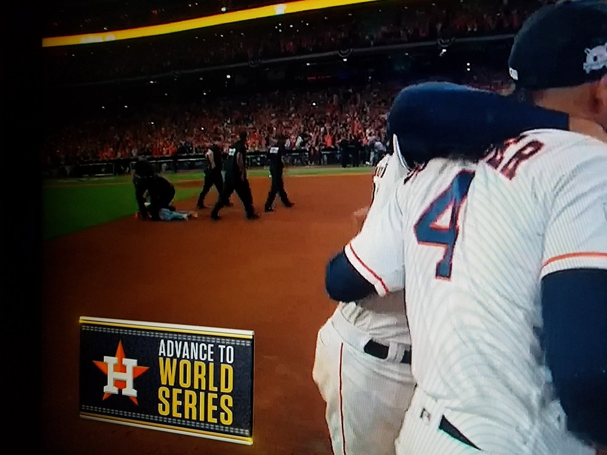 larryrachleff's tweet photo. #tackled
#MLB 
#Game7 
#ALCS 
#fanonfield
#fan
#tackle https://t.co/XKkmnYgwL3