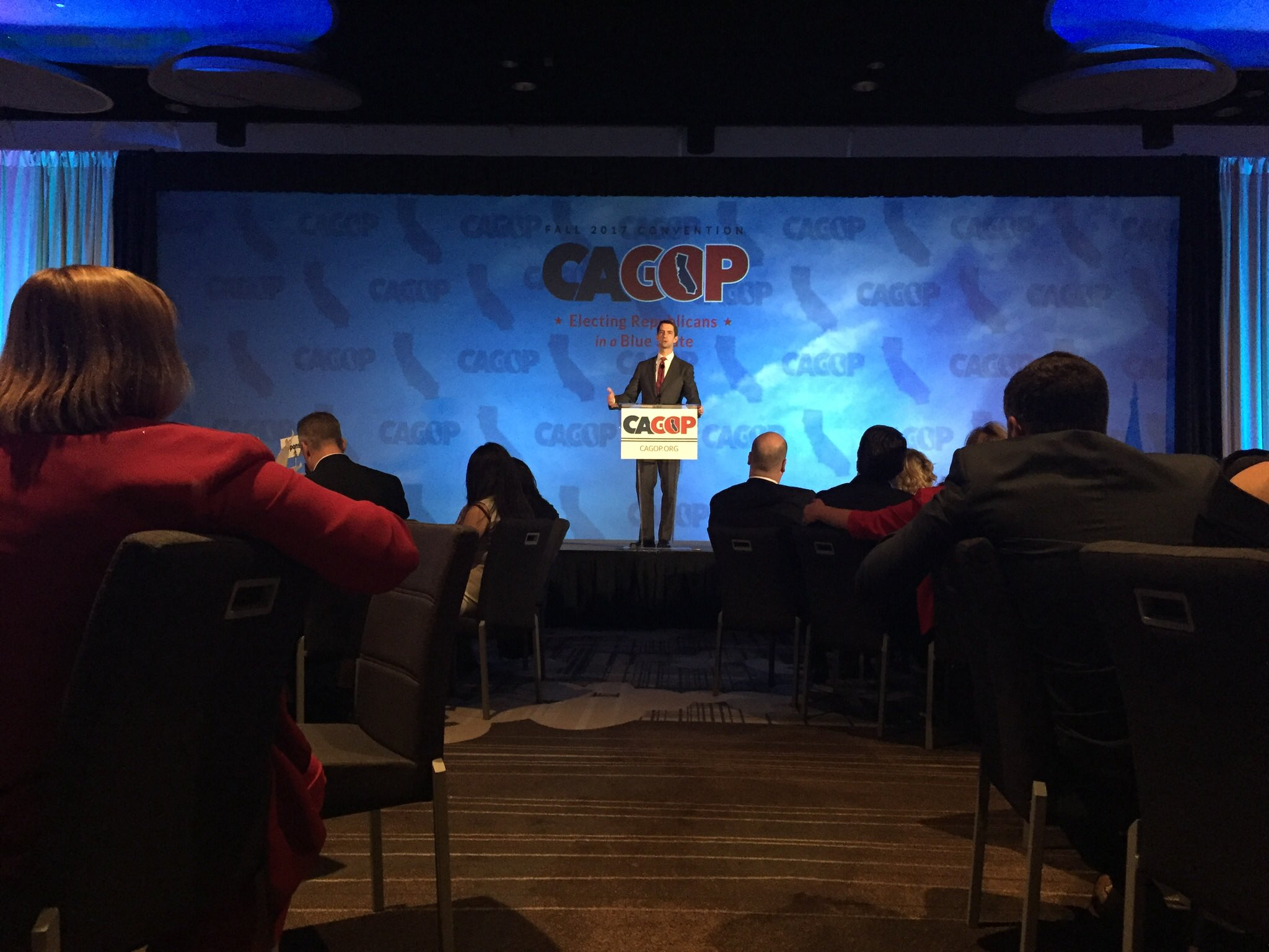 Arkansas Sen. Tom Cotton addresses the California Republican Party at its fall convention in Anaheim. (Phil Willon / Los Angeles Times) Arkansas Sen. Tom Cotton addresses the California Republican Party at its fall convention in Anaheim. (Phil Willon / Los Angeles Times)