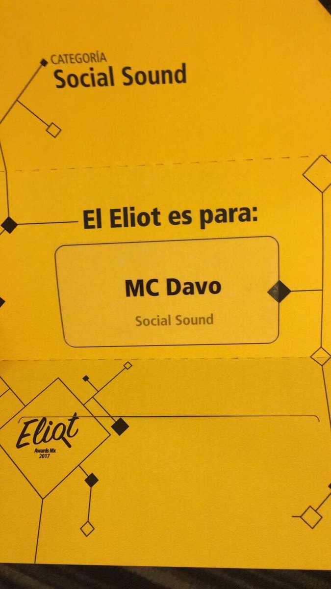 warnermusicmex's tweet photo. ¡ @mcdavoo gana el premio en la categoría #SocialSound en los #EliotAwards! @EliotNewMedia 🙌🏼🙌🏼 https://t.co/EIwHyD2IhX