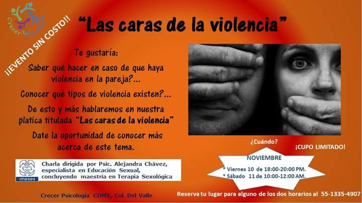 GpoIntegraldePs's tweet photo. Charla: Las caras de la violencia 
#EventoSinCosto 10 y 11 de noviembre, @En_laDelValle  #Educación #Sexual #Reserva
https://t.co/AAqySG5zSZ https://t.co/uUB54WySFj