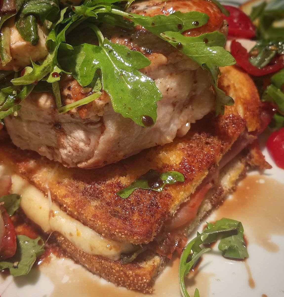 #porkchop #milanese  #oliveoil #grilledbread #filled #friedsage #garlicsmear #prosciutto #fontina #arugula #caprese #balsamic <a href="/ArdentMills/">Ardent Mills</a>