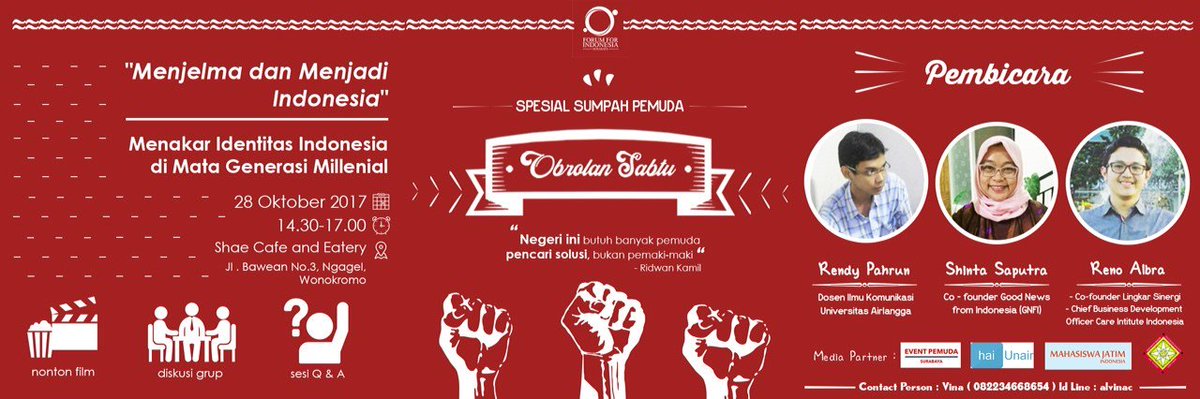 Obrolan Sabtu FFI Spesial Hari Sumpah Pemuda!

Ingin tahu tentang bagaimana para pembicara memandang pemuda di era sekarang? 

Check it out!