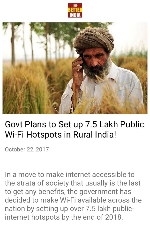 Govt Plans to Set up 7.5 Lakh Public Wi-Fi Hotspots in Rural India! 
thebetterindia.com/118747/govt-wi…

via NMApp
