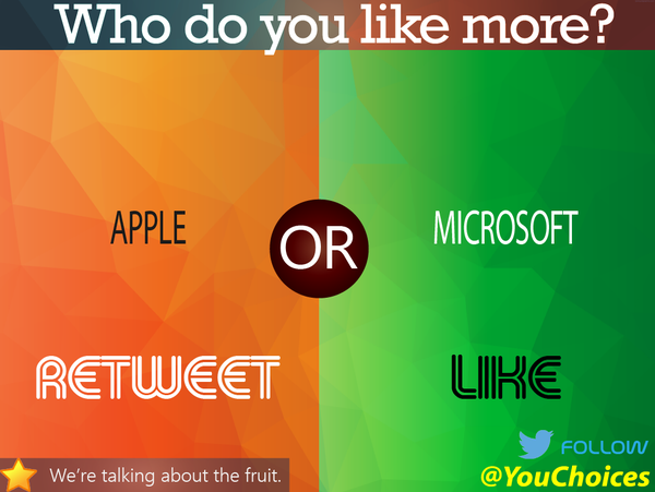YouChoices's tweet photo. Apple or Microsoft? https://t.co/zWMGmE2Pkd