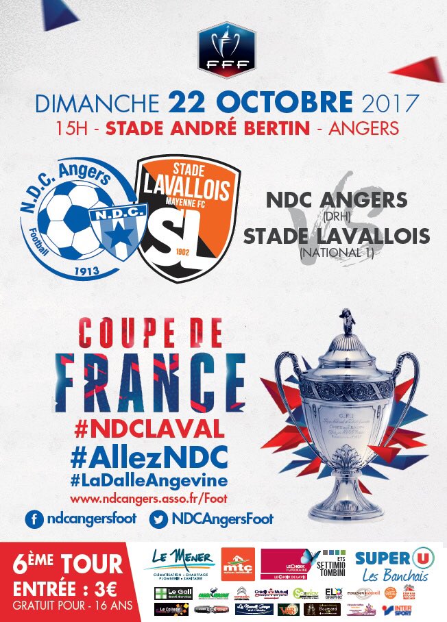 NDCAngersFoot's tweet photo. Jour J 😃 après dix jours de préparatifs, nous accueillons à 15h le @stadelavallois pour le 6e tour de @coupedefrance 🏆 #NDCLAVAL #AllezNDC https://t.co/KVyMmMsbUw