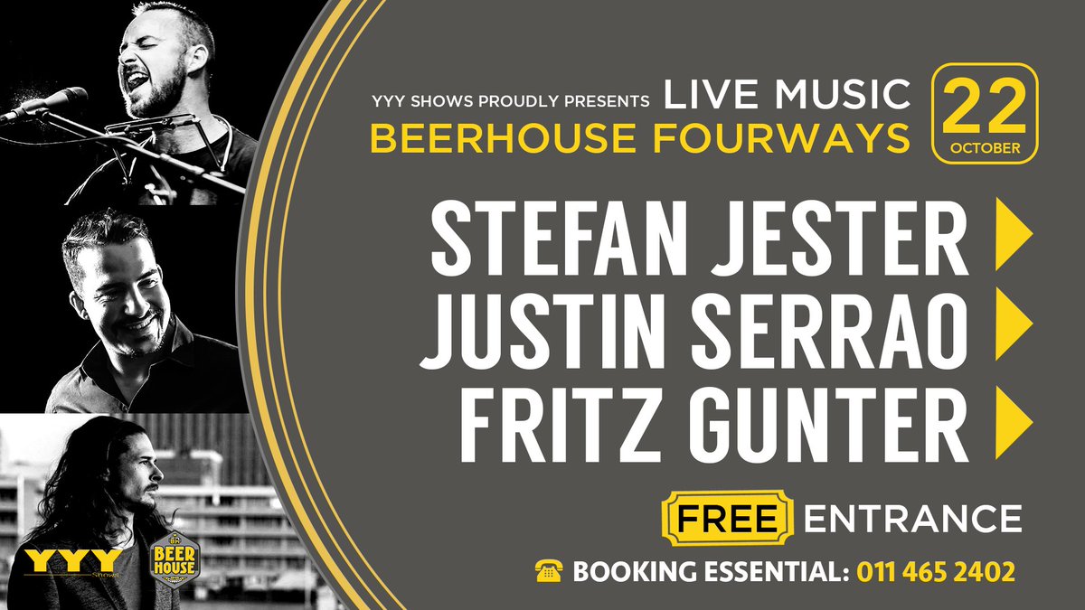 Today we end the weekend off with some stellar musicians! Catch Stefan Jester, <a href="/JustinSerrao/">JUSTIN SERRAO</a> and Fritz Gunter at <a href="/BEERHOUSE4ways/">Beerhouse Fourways</a>.