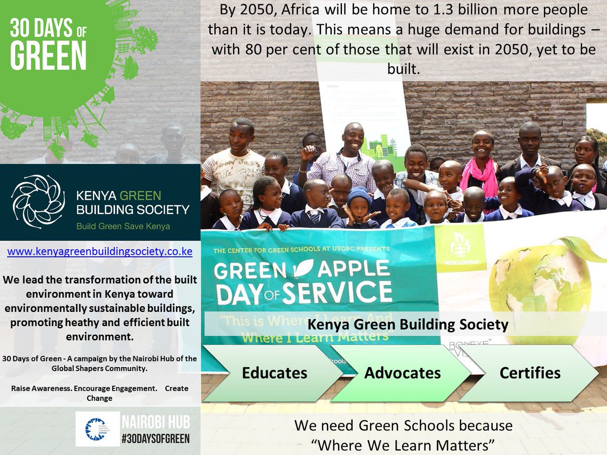 GShapersNairobi's tweet photo. @infoKGBS 80% of African buildings that'll exist in 2050 yet to come. Let's focus on #green #schools #30DaysOfGreen https://t.co/5xNlQOGkYU