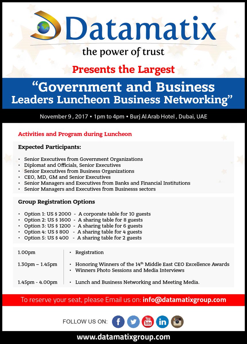 Datamatix's tweet photo. #14th Government and Business Leading CEO Conference #Datamatix
#Registration: https://t.co/m2mlJV1Ii8 https://t.co/aLiF5YKRjX