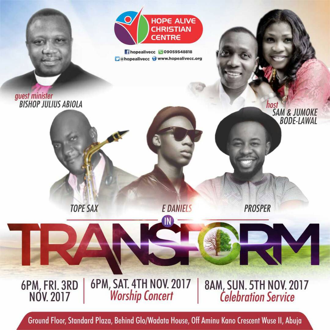 hopealivecc's tweet photo. HACC presents #Transformation from November 3 - 5, 2017. Ministering: #BishopAbiola, @samuelbodelawal @iamedaniels @Prospaochimana #TopeSax https://t.co/kJzBMy1Ago