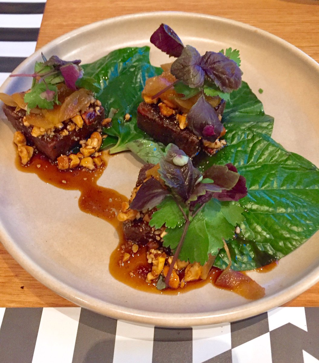 askmalters's tweet photo. Sticky Berkshire #porkshoulder with chilli cashews, Nashi pear &amp; yellow bean dressing in betel leaves was dish of the night @MasonsBendigo https://t.co/cDSKJGgfxm
