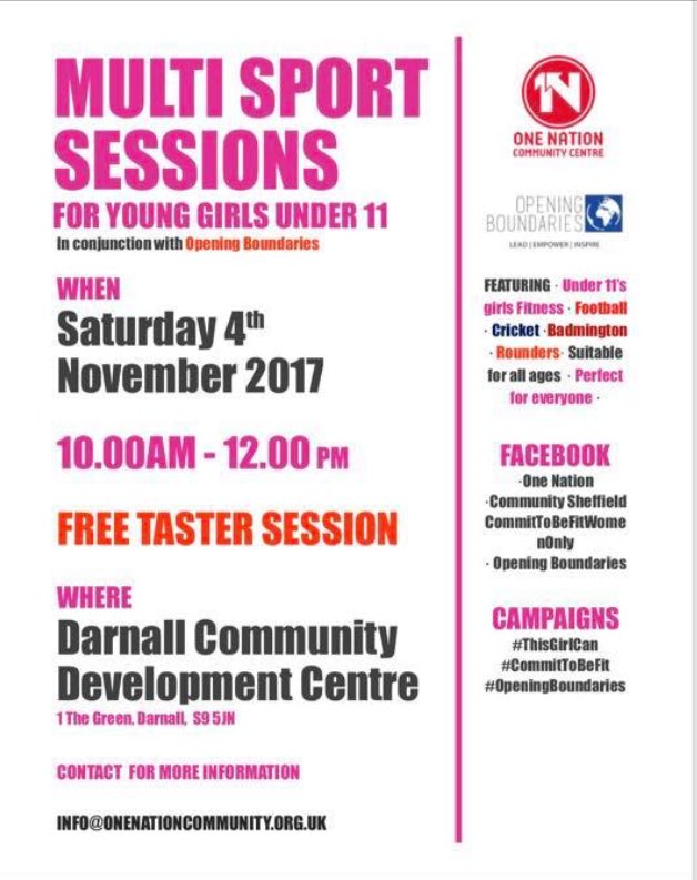OB_0fficial's tweet image. New program @DarnallCentre in partnership with @ONENATIONCC getting more women and girls into sport. #Thisgirlcan #OpeningBoundaries