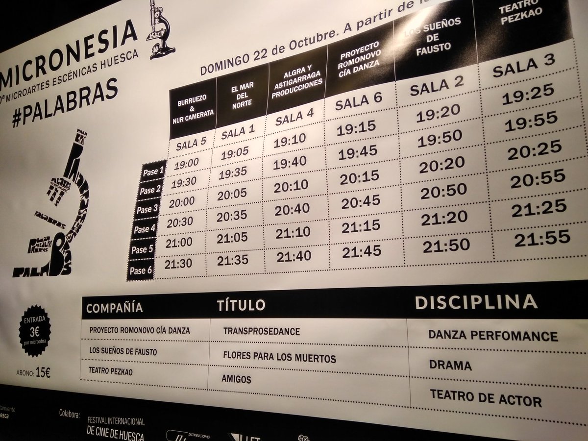 ZazurcaAE's tweet photo. Domingo 22/ Último día para disfrutar de todos los espectáculos de #MicronesiaHuesca! Estos son los 36 pases de hoy, empezamos a las19:00! https://t.co/zednn2bomB