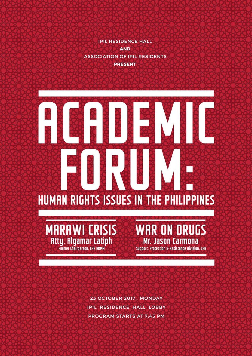ipilista's tweet photo. Our first Academic Forum, which is about Human Rights Issues, will be this Monday, 23 October 2017, 7:45 PM at the Ipil Residence Hall lobby https://t.co/7I9U6evtBU