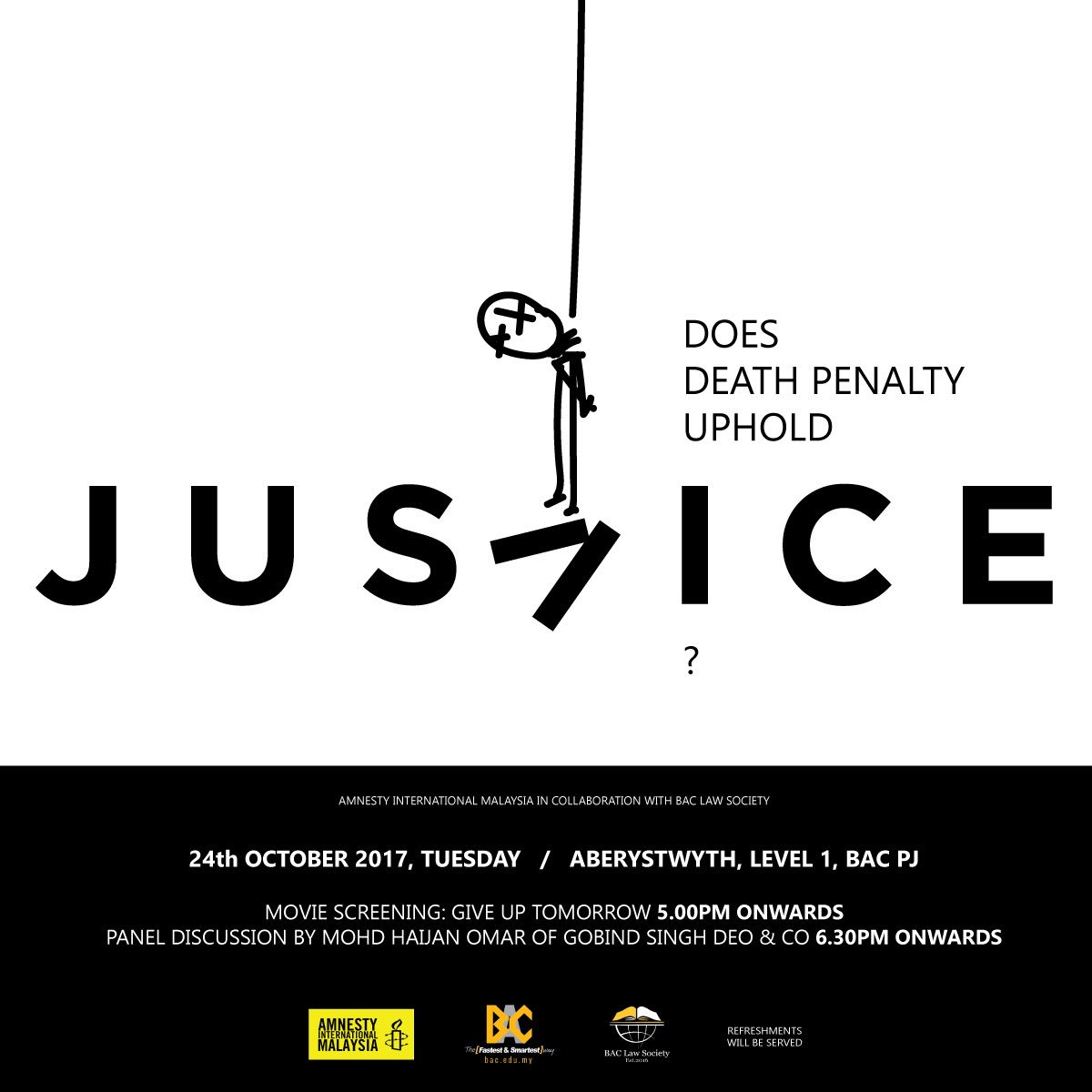 Join us this Tuesday with <a href="/BACLawSociety/">BAC Law Society</a> for a special public movie screening on the death penalty.