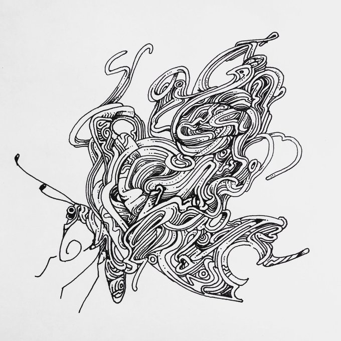バタフライ今日は今まーでーのどんな君よーりうつーくしい。#inktober #InktoberDay20 