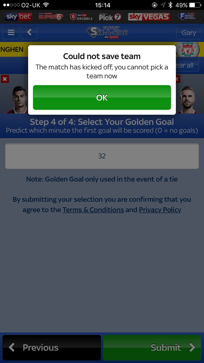 Big_Collo's tweet photo. @FantasySixaSide Getting this message when submitting my side even though there is 45 mins to go https://t.co/a9eYqlF778