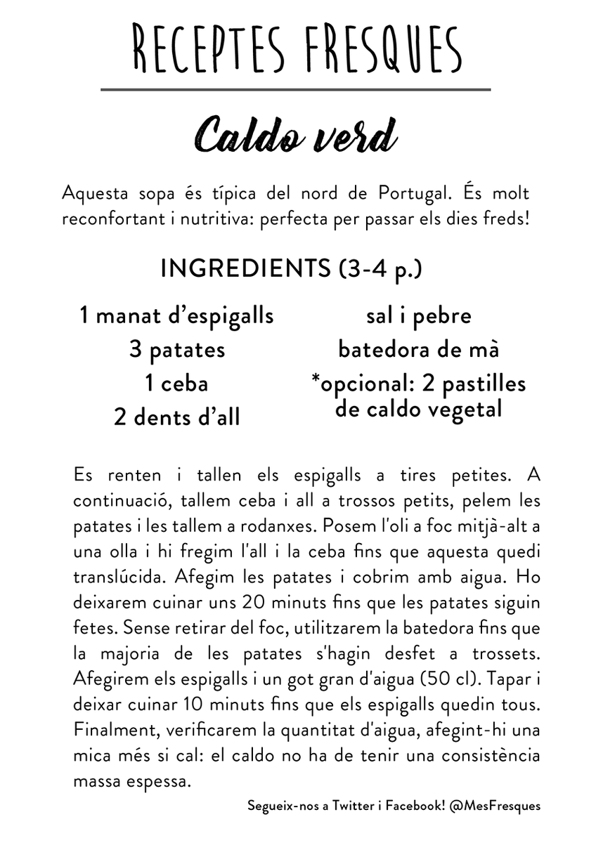 MesFresques's tweet photo. Aquesta setmana us portem una nova recepta, molt nutritiva i ideal per quan arriba el fred: #CaldoVerd amb #Espigall! #ReceptesFresques https://t.co/5UUB2cbd0A