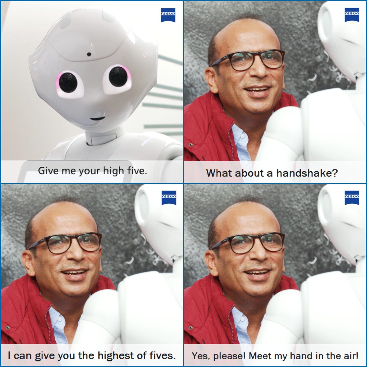 Eyezonemag's tweet photo. What else can be cuter than having a pep talk with Pepper the AI at Zeiss The Future of Optics Convention? 😉😎 #Zeissfuture #eyewear #tech https://t.co/Kz2mKnHBNy