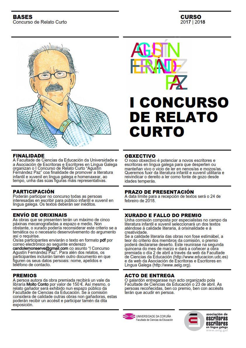 aelg's tweet photo. I Concurso de Relato Curto Agustín Fernández Paz: https://t.co/evSDiFWbEp @UDC_gal https://t.co/5468fdvvRr