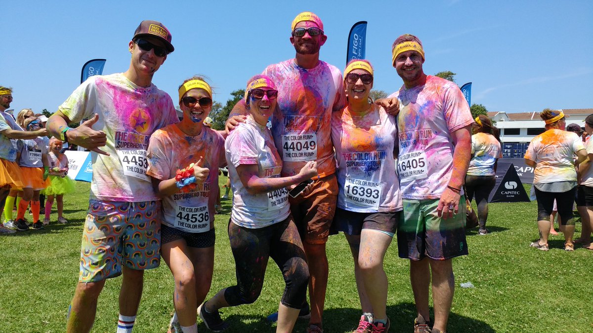 G_Skev's tweet photo. Feel like I was attacked by a rainbow of gummyberry juice & Smurf farts.
Thanks @TheColorRunSA #colourful #ColourMeFun
With @claire_skev https://t.co/9dJDap9y0n